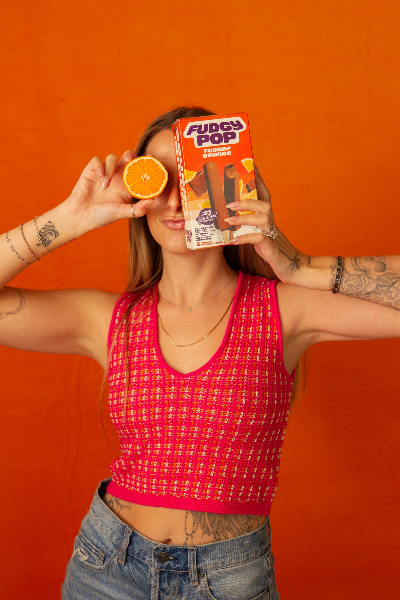 girl with Fudgin' Orange Fudgy Pop